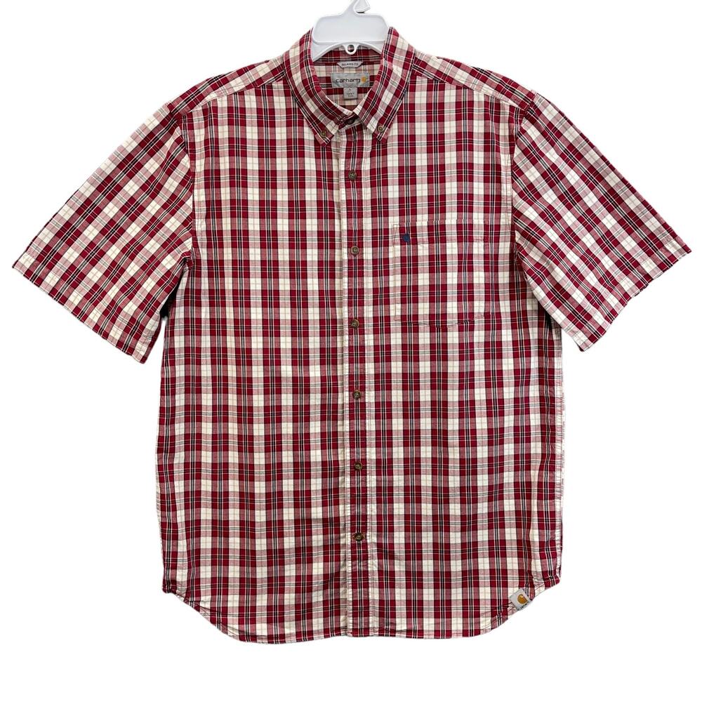 Carhartt Men's Short Sleeves Shirt Size Large Red Plaid Relaxed Fit Button Up